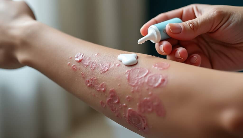 découvrez comment l'application de pommades aux corticoïdes locaux est utilisée dans le traitement du psoriasis pour soulager efficacement l'inflammation et les symptômes cutanés.